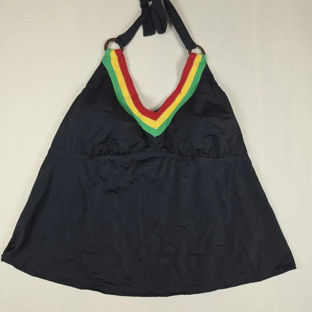 Xhilaration Women's Size 3 Black Tankini Top Rasta Crochet Halter Swimwear